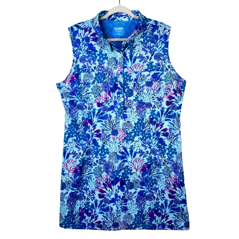 Reel Legends Mariner Fishing Dress Womens XL Blue Purple Coral Sea Life Print